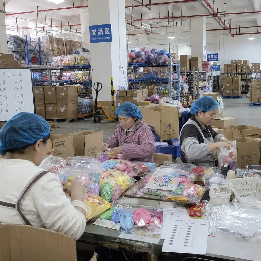 Workers sorting and packing colorful balloon products at Borun Balloon Factory